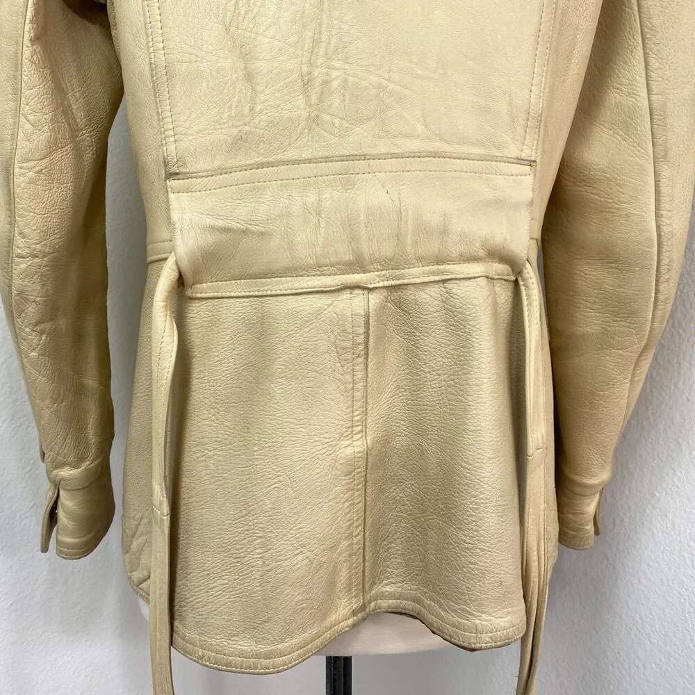 Vintage 70 New England Sportswear Trench Beige Leather Jacket 12 Snap Front Belt